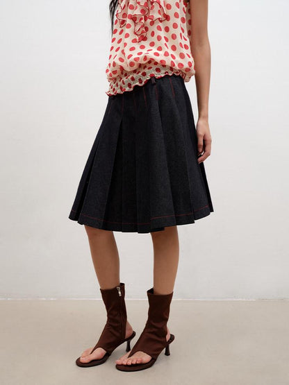 lvetong Denim Blue Pressed Pleats Aline Mid Waist Women&