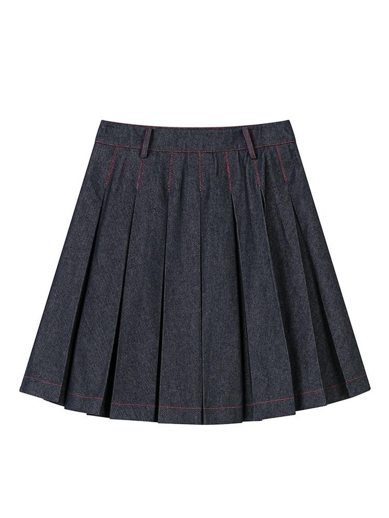 lvetong Denim Blue Pressed Pleats Aline Mid Waist Women&