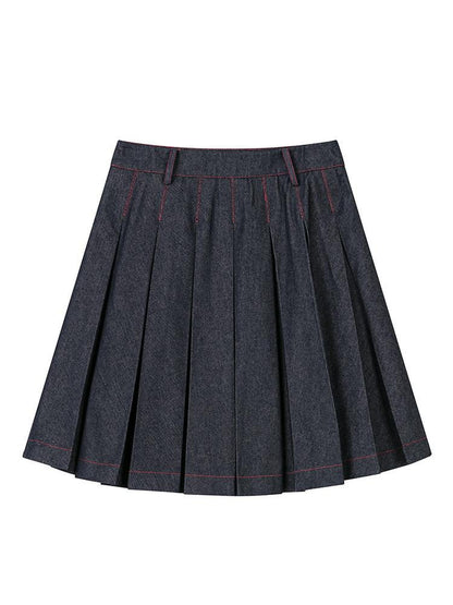 lvetong Denim Blue Pressed Pleats Aline Mid Waist Women&