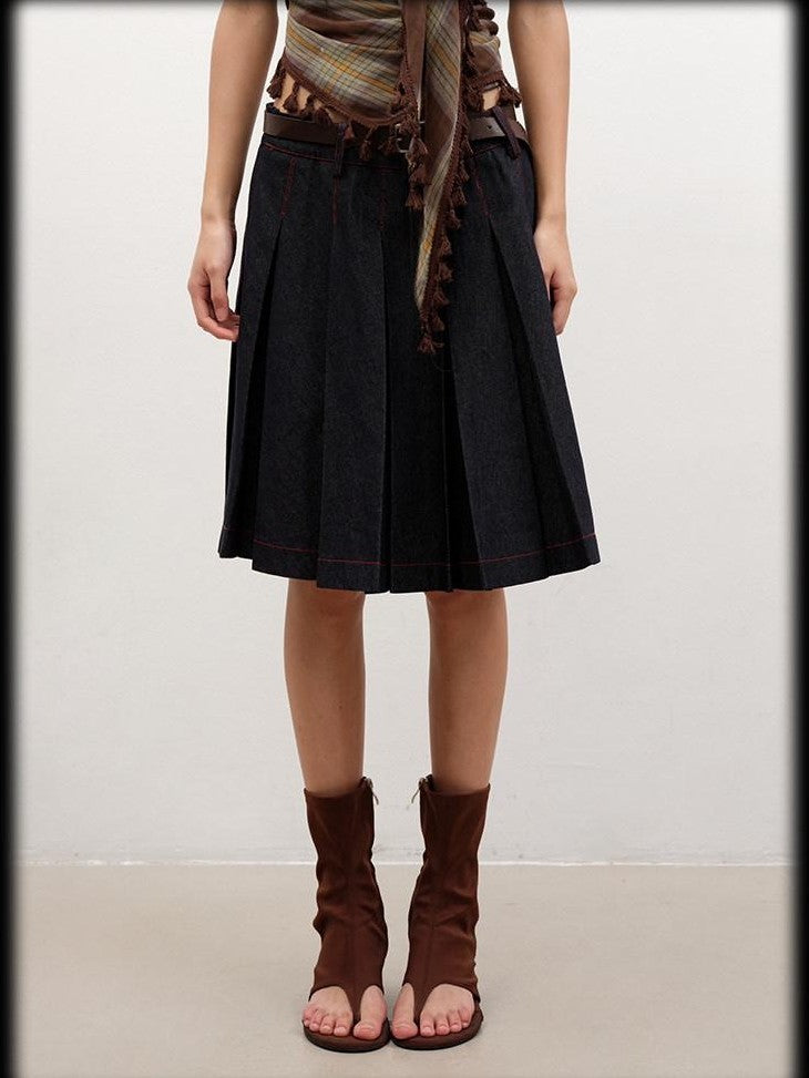 lvetong Denim Blue Pressed Pleats Aline Mid Waist Women&