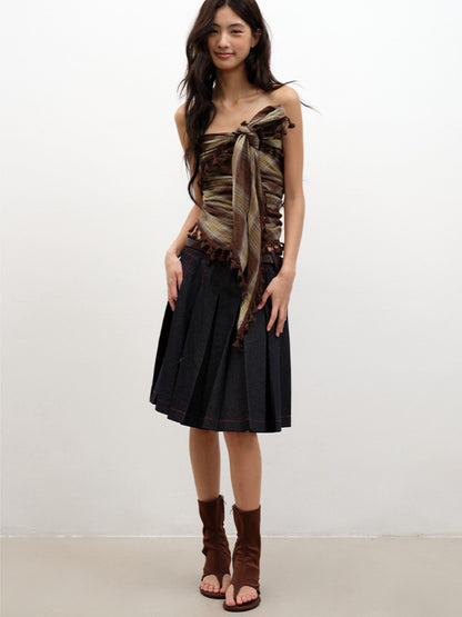 lvetong Denim Blue Pressed Pleats Aline Mid Waist Women&