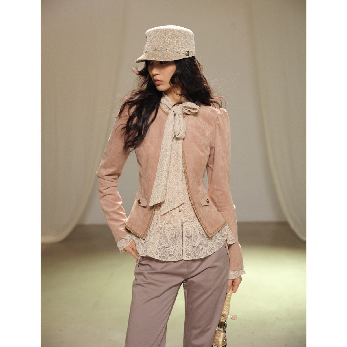lvetong_Fitted_Waist_Cinched_Long_Sleeve_Suede_Solid_Color_Women&