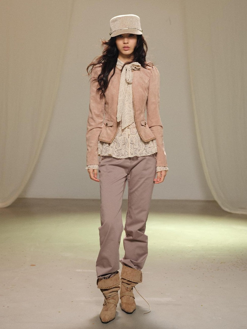 lvetong Fitted Waist Cinched Long Sleeve Suede Solid Color Women&