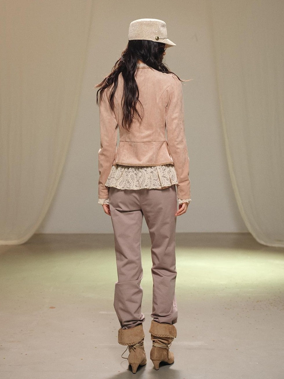 lvetong Fitted Waist Cinched Long Sleeve Suede Solid Color Women&