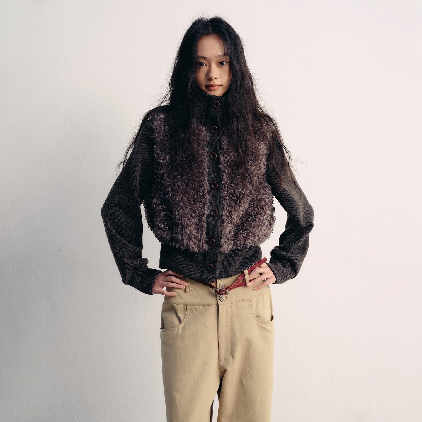 lvetong Fleece Lined High Neck Oversized Street Women Button Short Gray Cropped Jackets