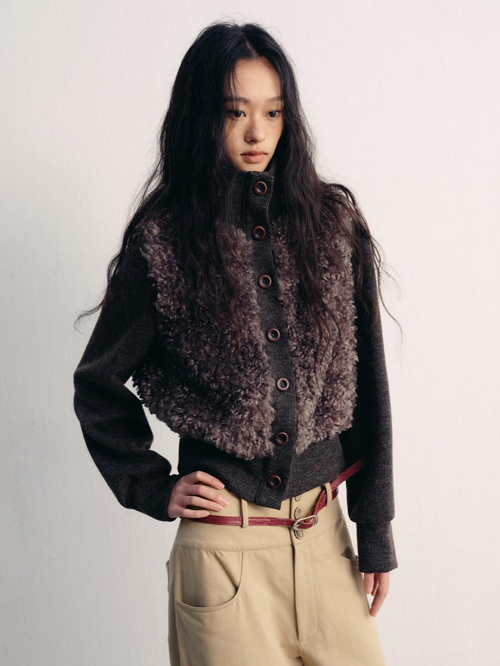 lvetong Fleece Lined High Neck Oversized Street Women Button Short Gray Cropped Jackets