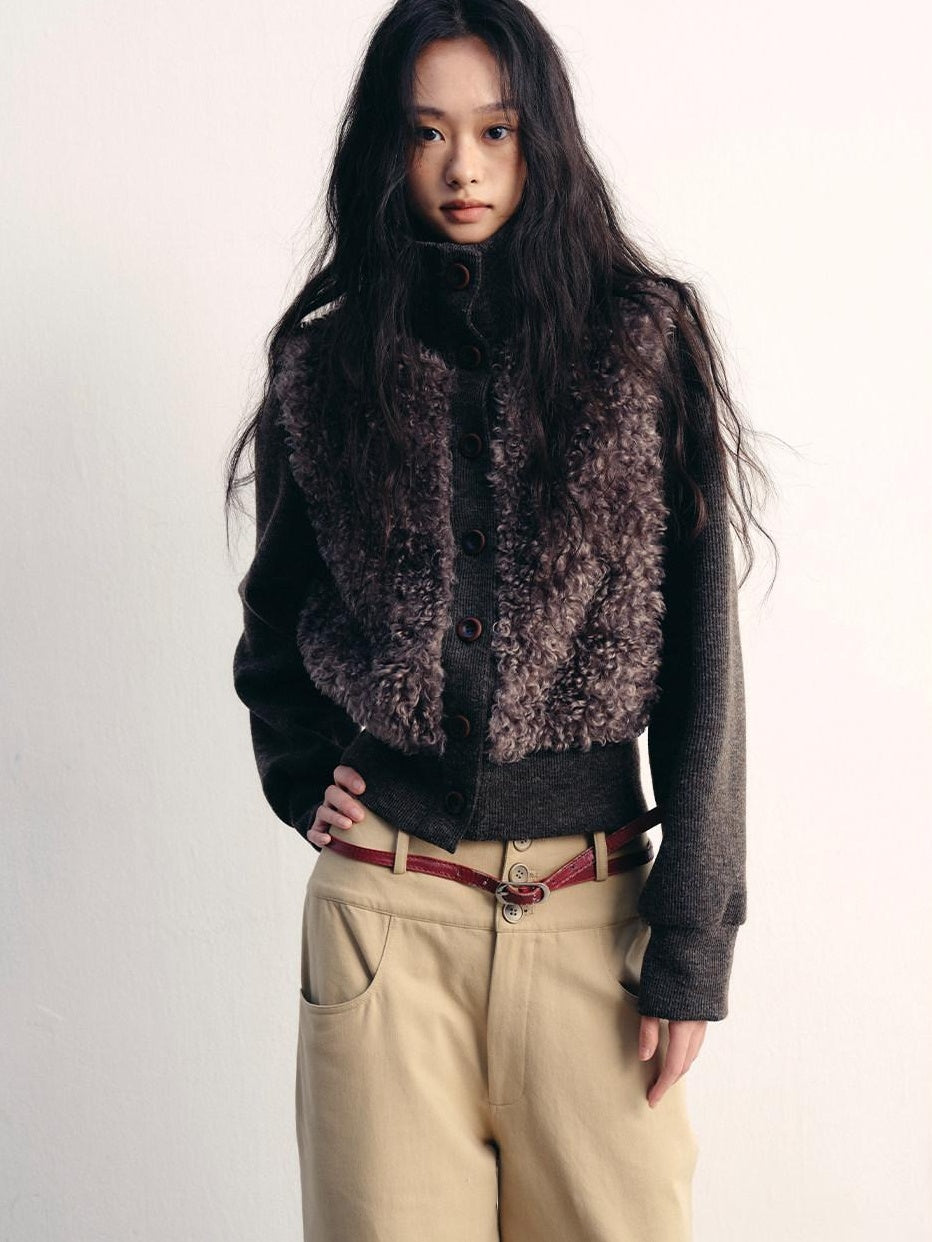 lvetong Fleece Lined High Neck Oversized Street Women Button Short Gray Cropped Jackets