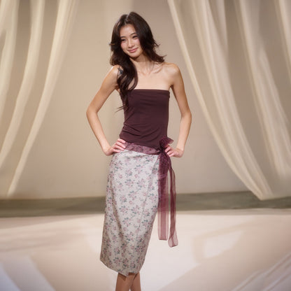 lvetong_Floral_Two_Piece_Set_Street_Slim_Fit_Mid_Length_Women_Brown_Tube_Tops_/_Bandeaus_MISSTT