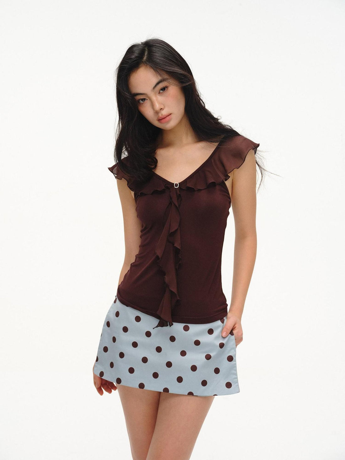 lvetong French V-neck Ruffle Flutter Sleeve Slim Women&