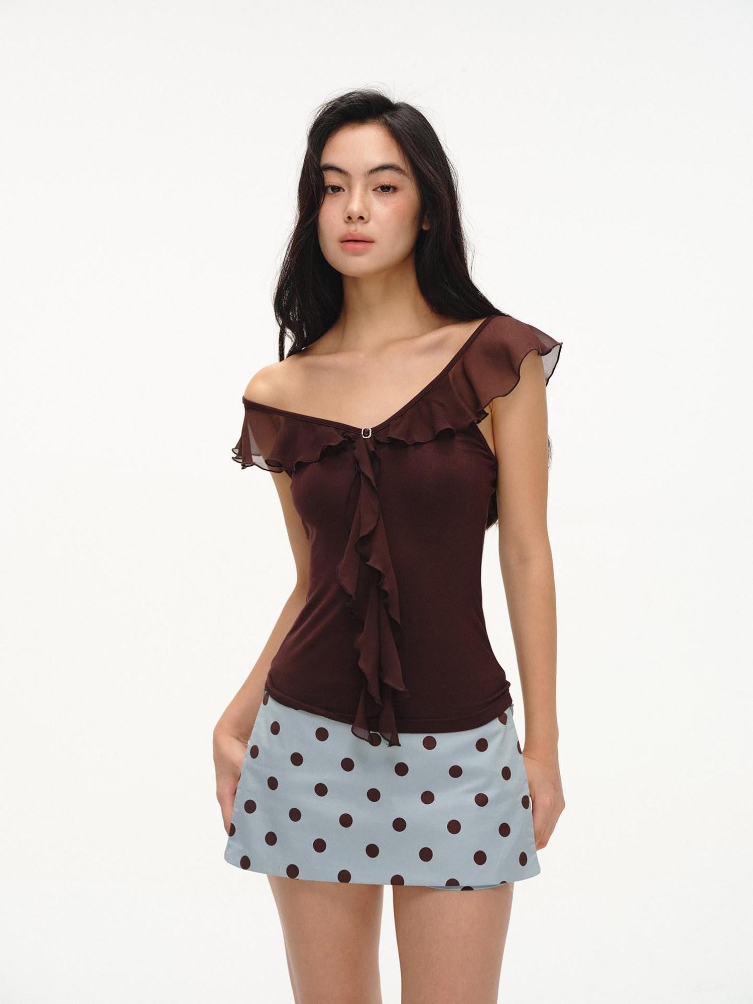 lvetong French V-neck Ruffle Flutter Sleeve Slim Women&