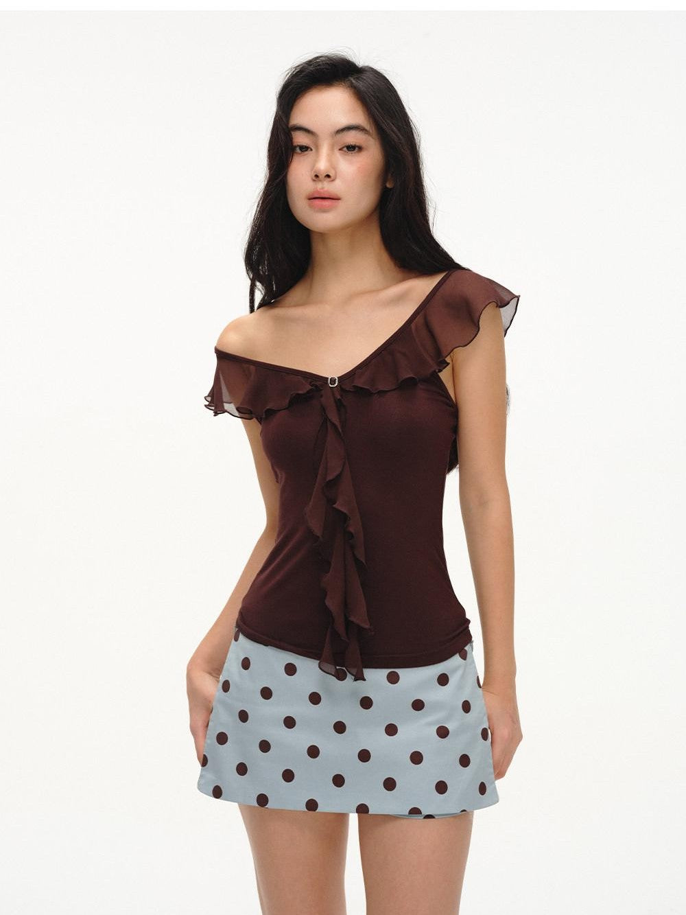 lvetong French V-neck Ruffle Flutter Sleeve Slim Women&