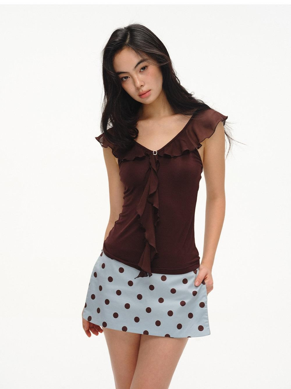 lvetong French V-neck Ruffle Flutter Sleeve Slim Women&
