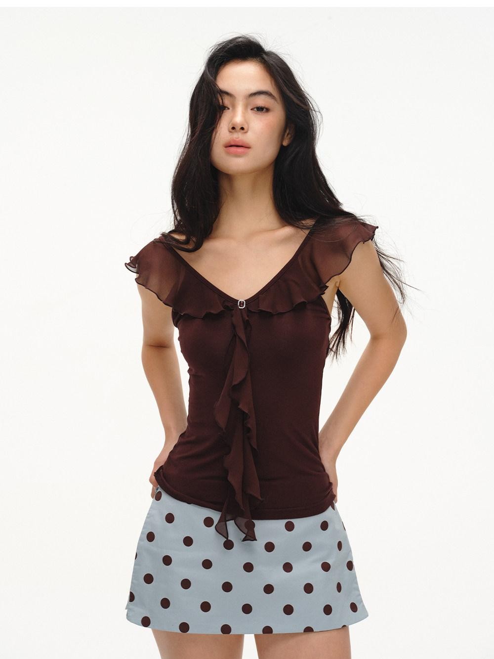 lvetong French V-neck Ruffle Flutter Sleeve Slim Women&
