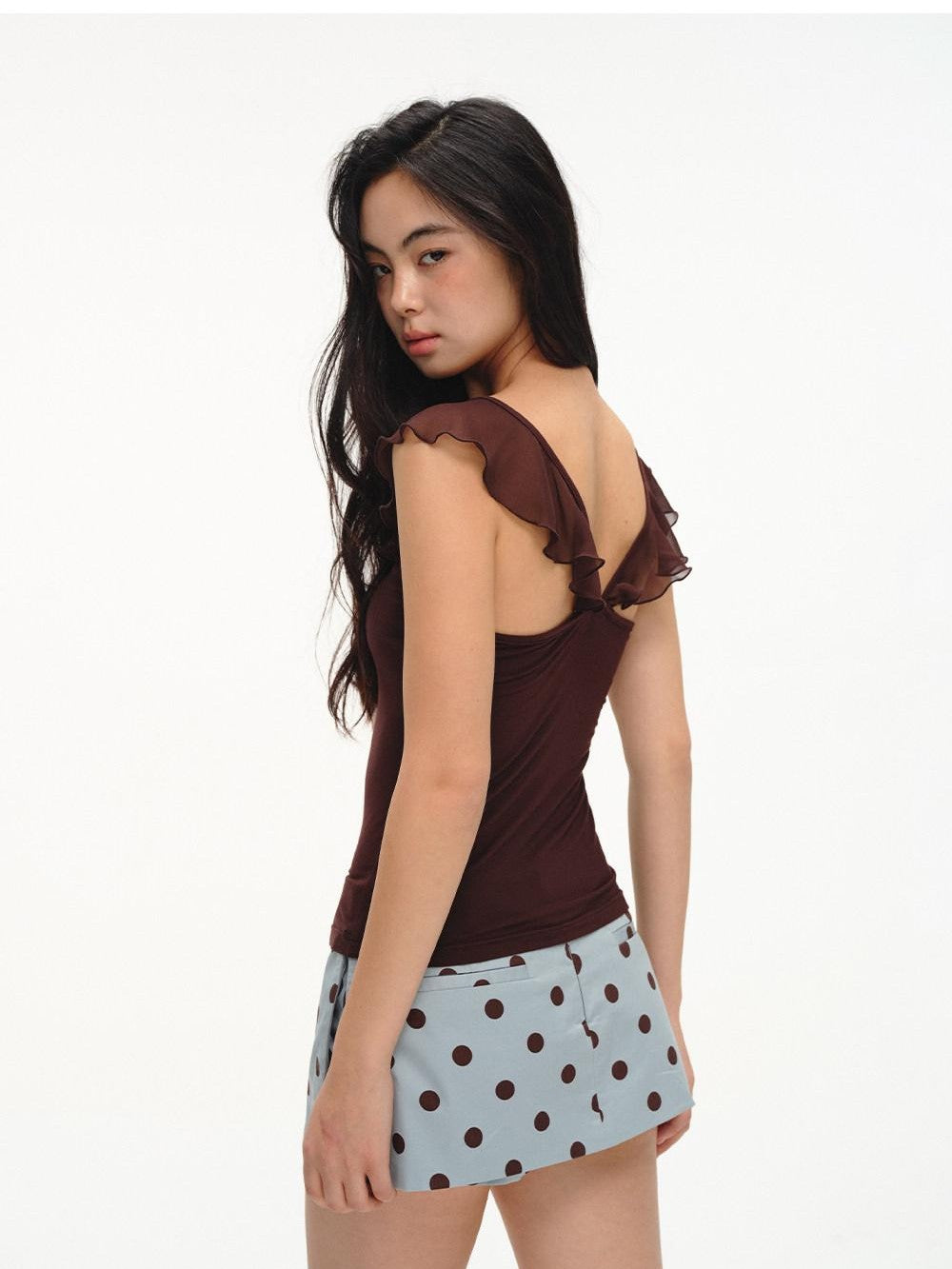 lvetong French V-neck Ruffle Flutter Sleeve Slim Women&