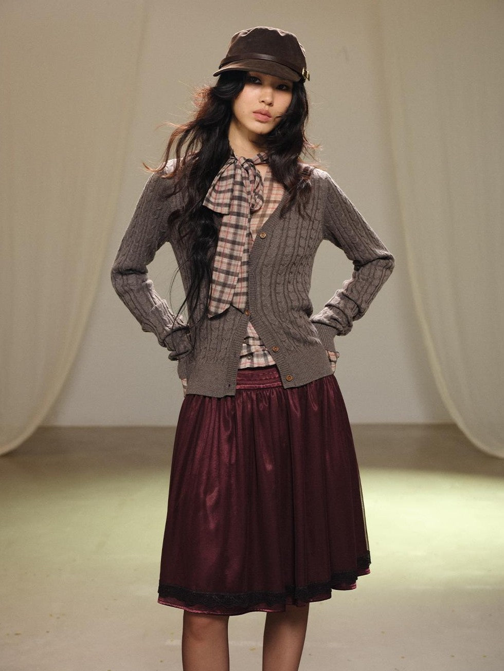 lvetong Gray Cable Knit V-neck Buttoned Fitted Women&