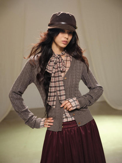 lvetong Gray Cable Knit V-neck Buttoned Fitted Women&
