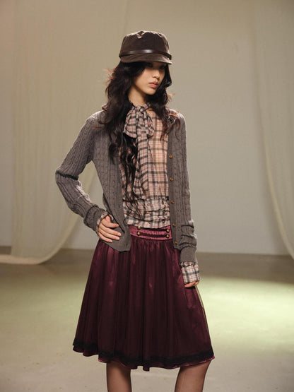 lvetong Gray Cable Knit V-neck Buttoned Fitted Women&