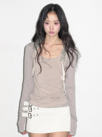 lvetong Gray Green Lace Ribbon Splice U Neck H Tank Women&