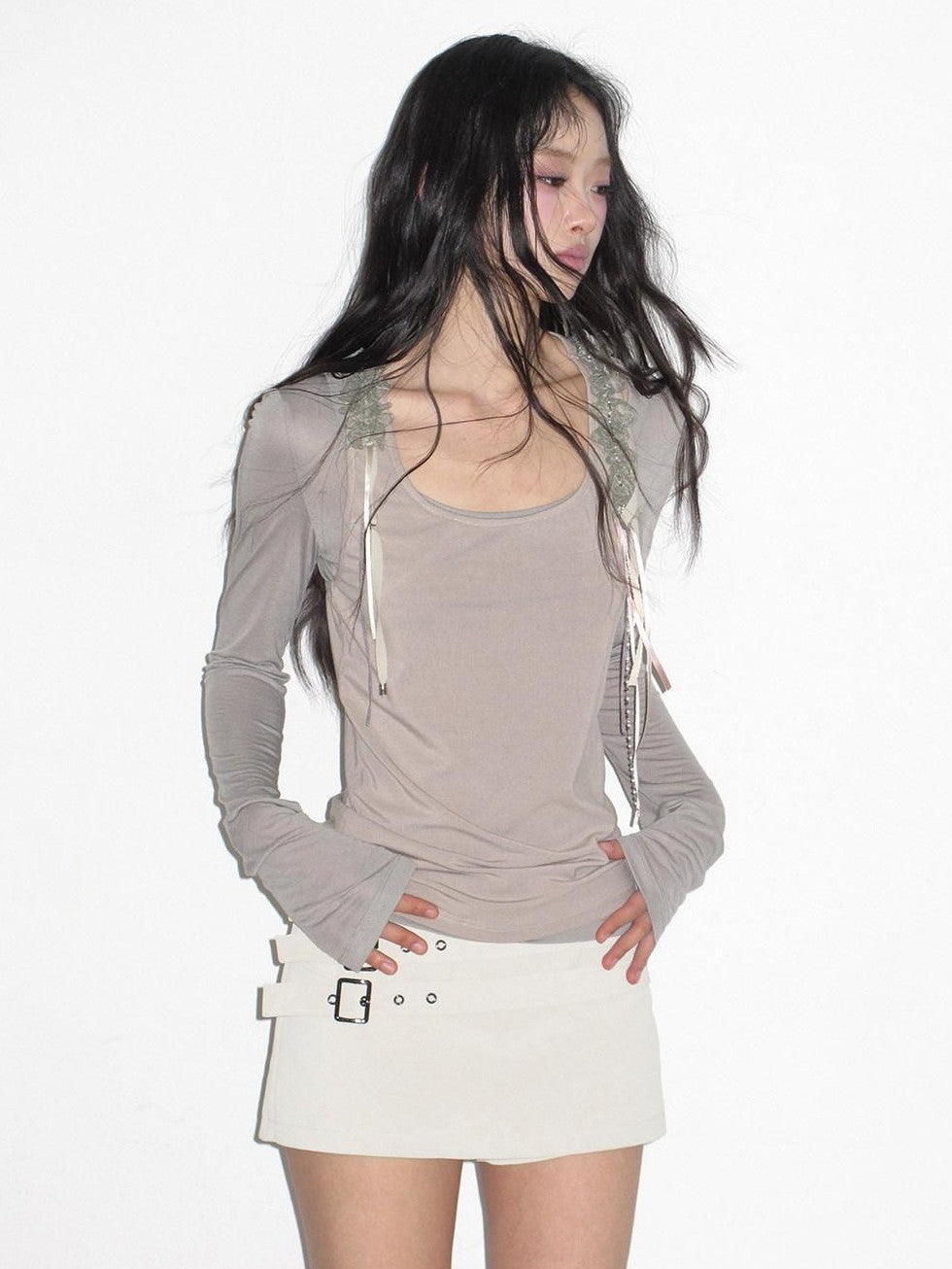 lvetong Gray Green Lace Ribbon Splice U Neck H Tank Women&