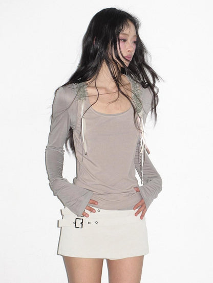 lvetong Gray Green Lace Ribbon Splice U Neck H Tank Women&