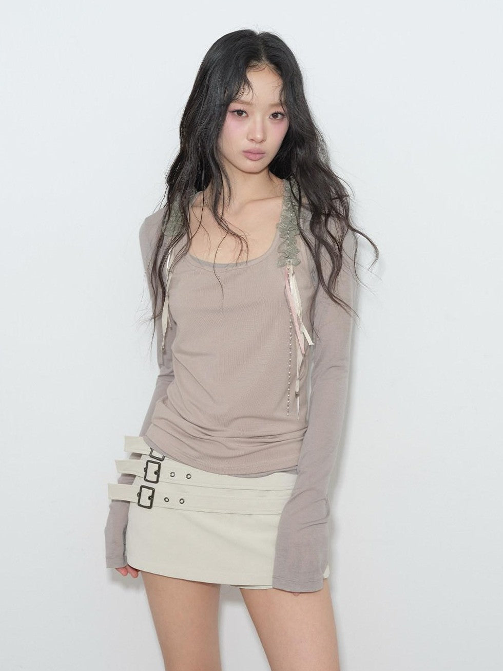 lvetong Gray Green Lace Ribbon Splice U Neck H Tank Women&