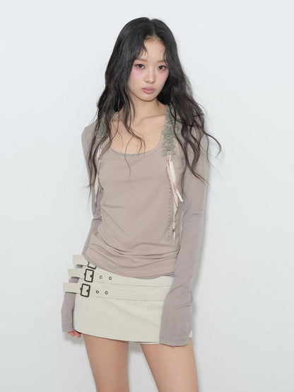 lvetong Gray Green Lace Ribbon Splice U Neck H Tank Women&