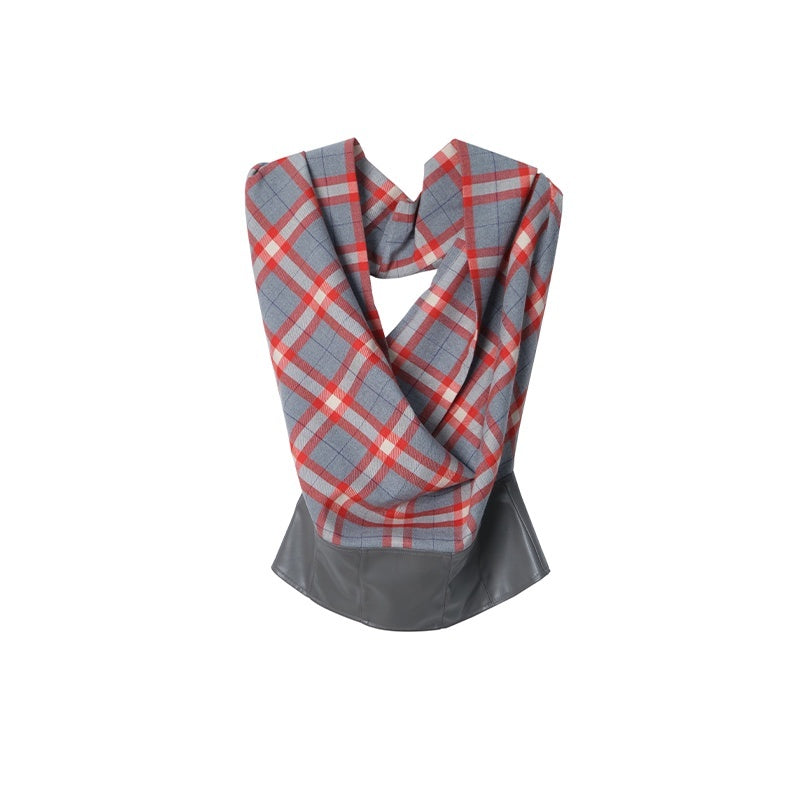 lvetong_Gray_Red_Plaid_Patchwork_Halter_Scarf_Collar_Women&