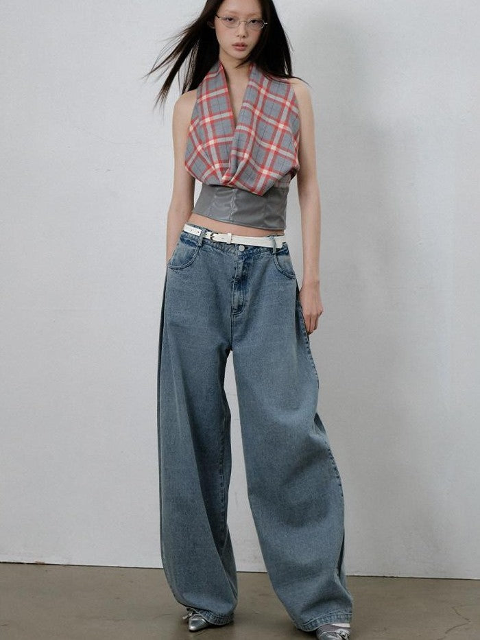 lvetong Gray Red Plaid Patchwork Halter Scarf Collar Women&