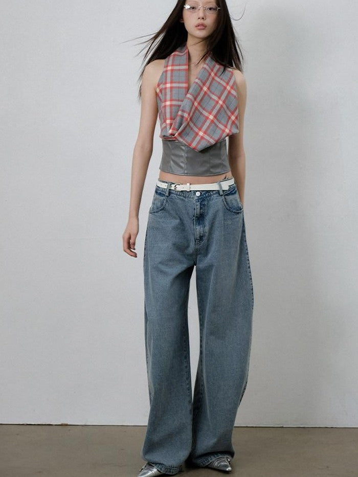 lvetong Gray Red Plaid Patchwork Halter Scarf Collar Women&