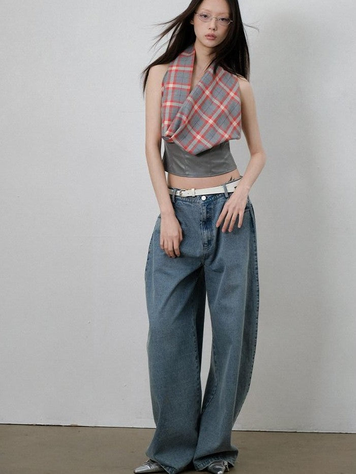 lvetong Gray Red Plaid Patchwork Halter Scarf Collar Women&