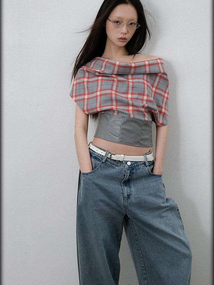 lvetong Gray Red Plaid Patchwork Halter Scarf Collar Women&