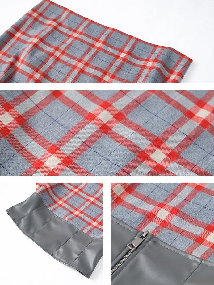 lvetong Gray Red Plaid Patchwork Halter Scarf Collar Women&