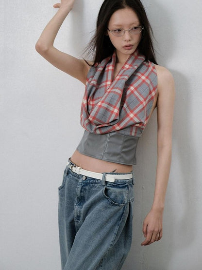 lvetong Gray Red Plaid Patchwork Halter Scarf Collar Women&