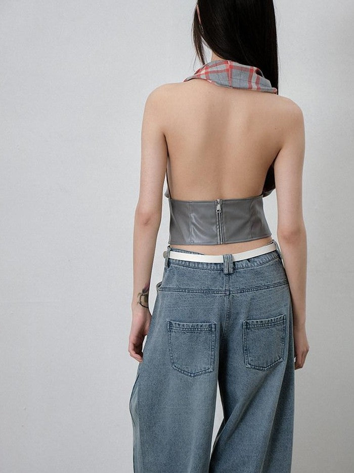 lvetong Gray Red Plaid Patchwork Halter Scarf Collar Women&