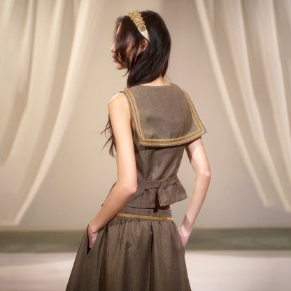 lvetong_Green_Sailor_Collar_Strap_Spliced_V-neck_Pleated_Women&