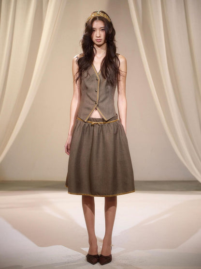 lvetong Green Sailor Collar Strap Spliced V-neck Pleated Women&