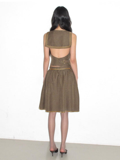 lvetong Green Sailor Collar Strap Spliced V-neck Pleated Women&