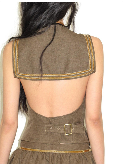 lvetong Green Sailor Collar Strap Spliced V-neck Pleated Women&