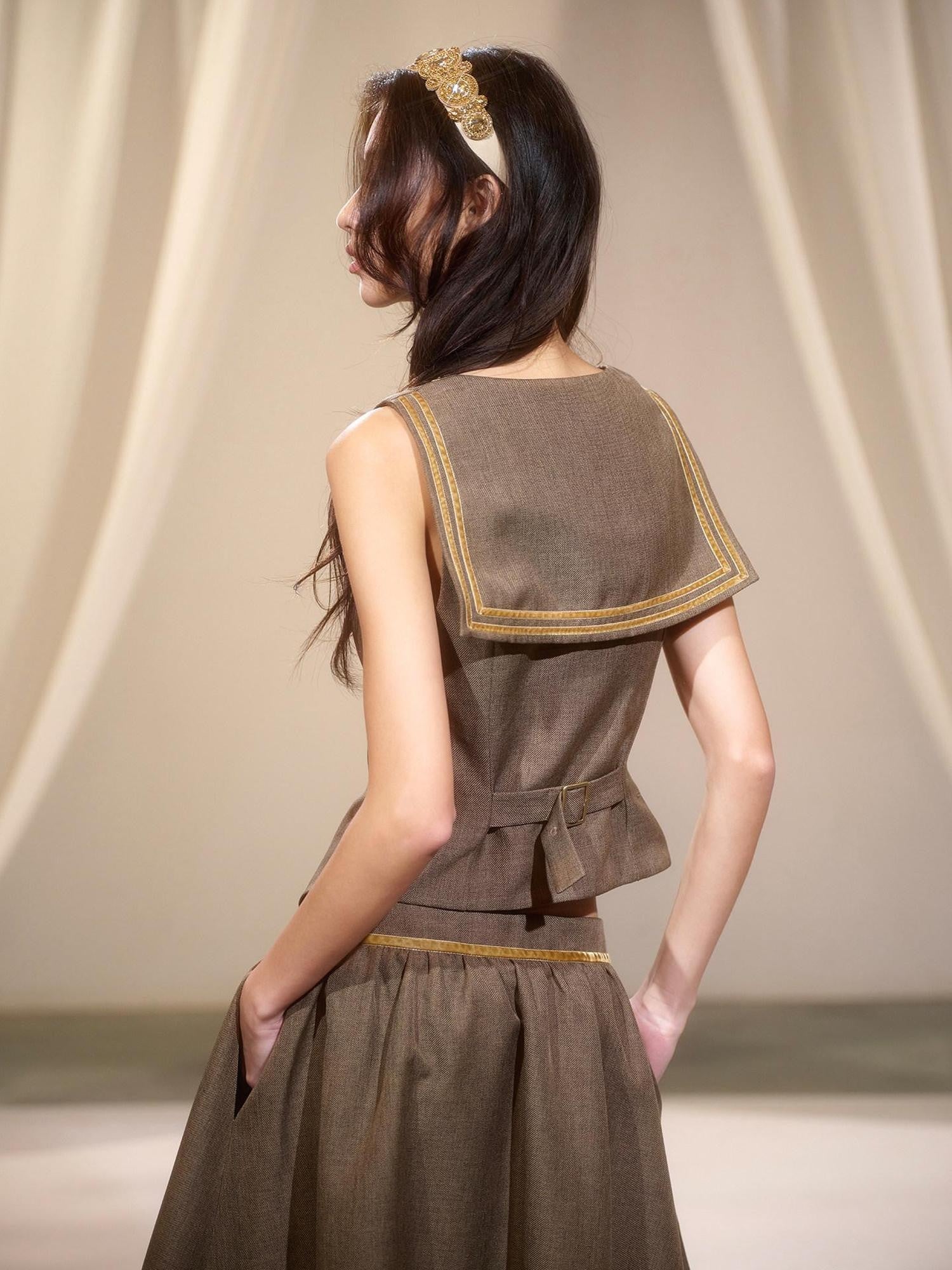 lvetong Green Sailor Collar Strap Spliced V-neck Pleated Women&