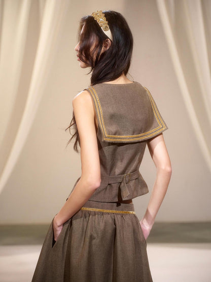 lvetong Green Sailor Collar Strap Spliced V-neck Pleated Women&
