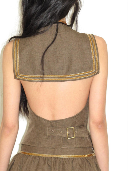 lvetong Green Sailor Collar Strap Spliced V-neck Pleated Women&