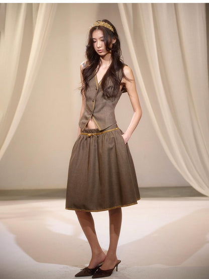 lvetong Green Sailor Collar Strap Spliced V-neck Pleated Women&