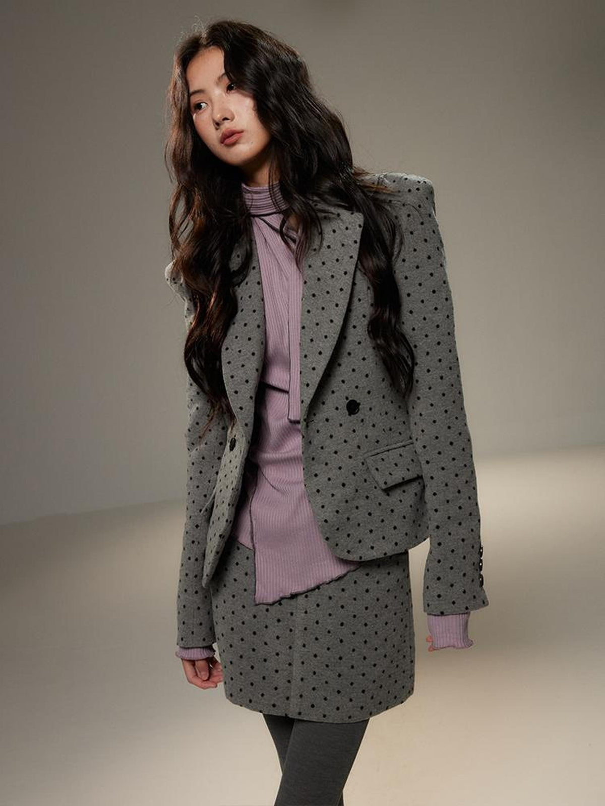 lvetong Grey Polka Dot Notch Lapel Cinched Waist Long Sleeve Women&