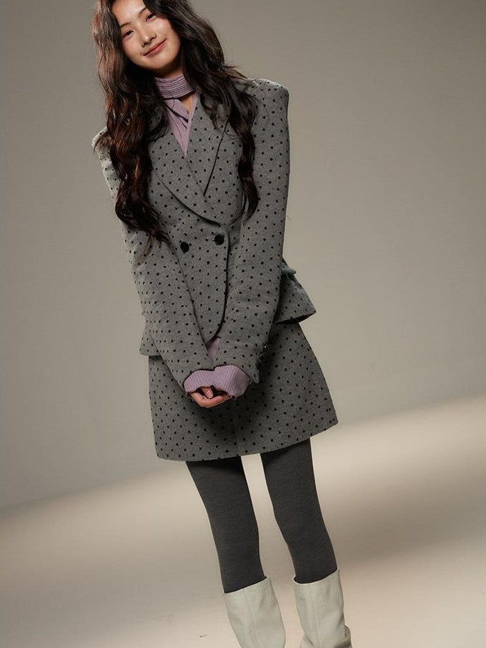 lvetong Grey Polka Dot Notch Lapel Cinched Waist Long Sleeve Women&