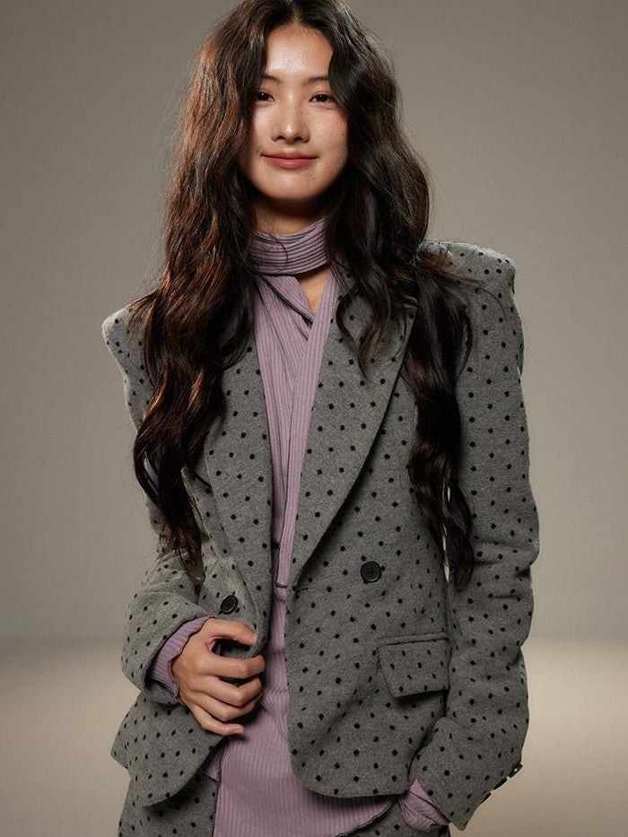 lvetong Grey Polka Dot Notch Lapel Cinched Waist Long Sleeve Women&