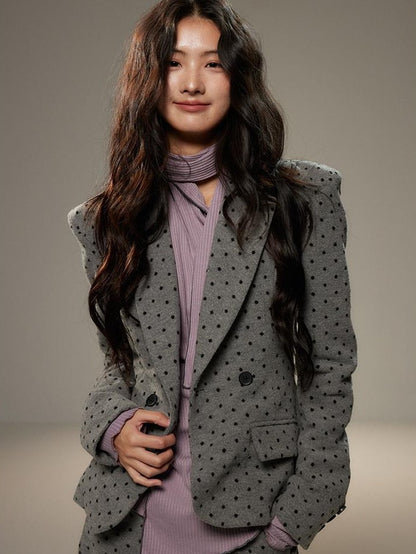 lvetong Grey Polka Dot Notch Lapel Cinched Waist Long Sleeve Women&