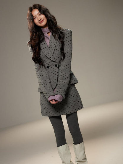 lvetong Grey Polka Dot Notch Lapel Cinched Waist Long Sleeve Women&