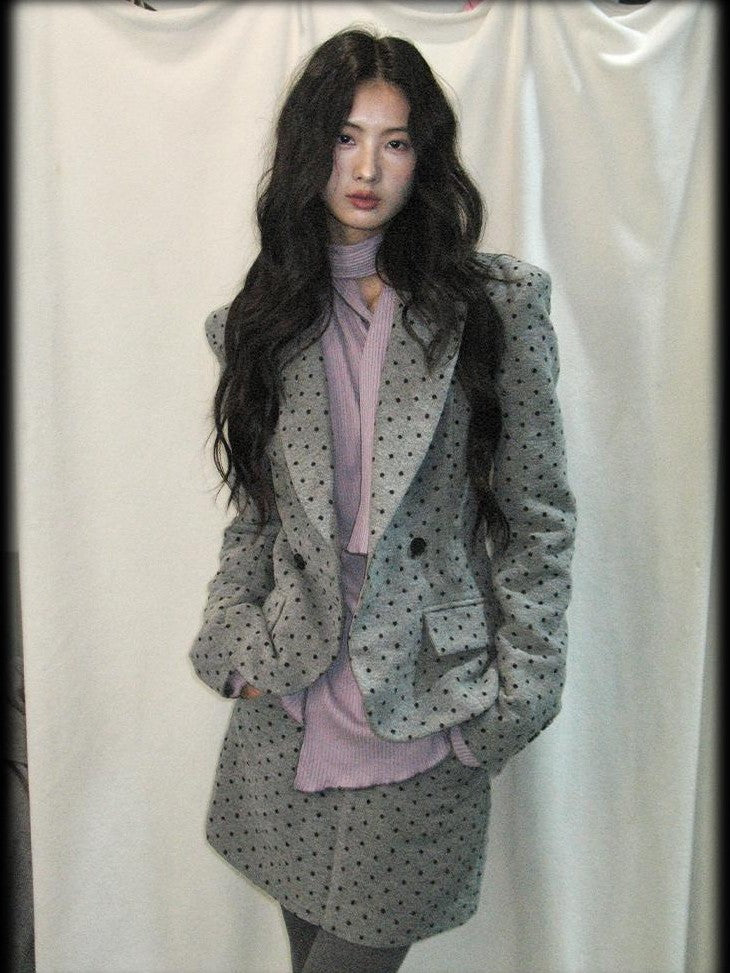 lvetong Grey Polka Dot Notch Lapel Cinched Waist Long Sleeve Women&