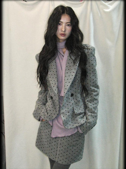 lvetong Grey Polka Dot Notch Lapel Cinched Waist Long Sleeve Women&