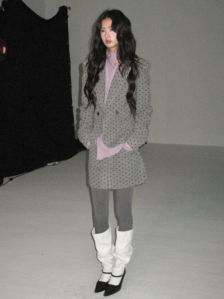 lvetong Grey Polka Dot Notch Lapel Cinched Waist Long Sleeve Women&